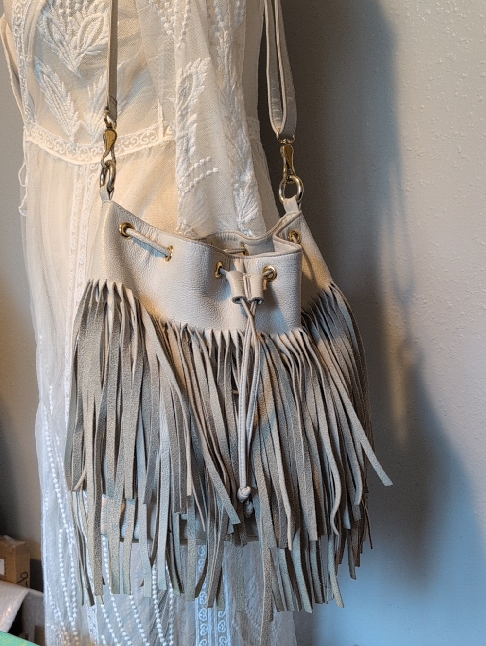 B-Low the Belt Light Taupe Fringed Leather Bucket Bag Crossbody Adjustable